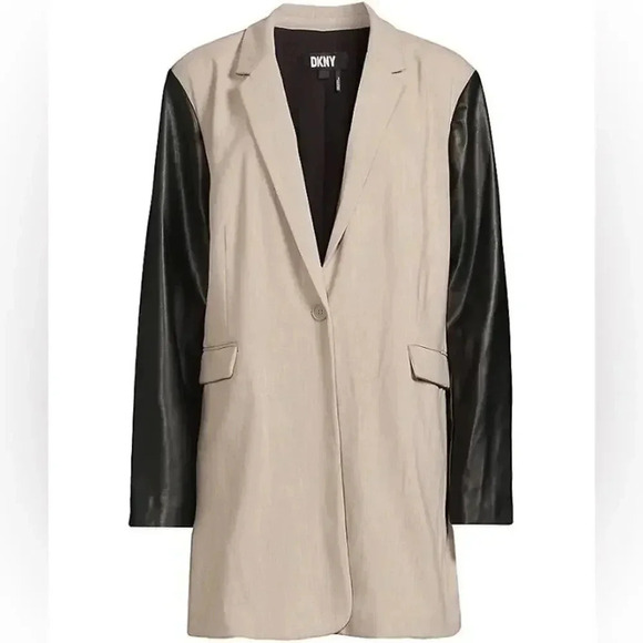 NEW- NWT! DKNY Mixed Media Faux Leather Sleeve Longline Jacket - Picture 3 of 7